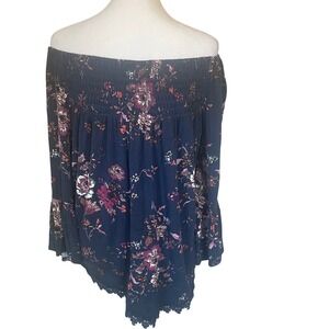 LUQ Womens Floral Off Shoulder Smocked Blouse M Navy Blue Boho Crochet Lace Top